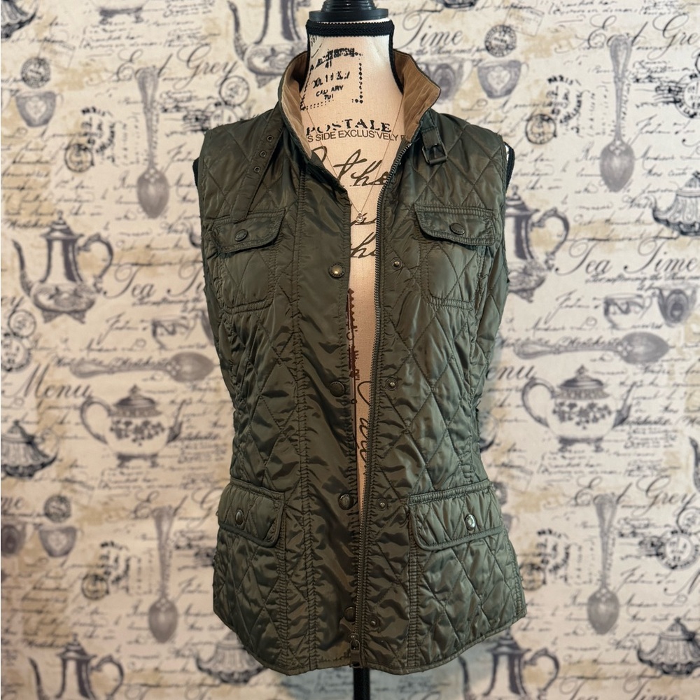🧥 Banana Republic Quilted Olive Green Vest with Corduroy Collar – Size S